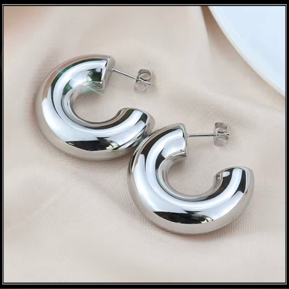 Clearance! New Silver Chunky Balloon Crescent Arc Earrings - Women's Jewelry